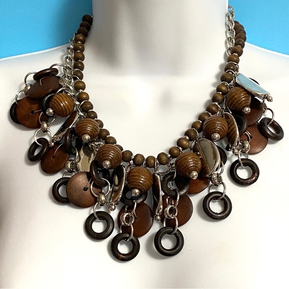 Wood Beads Silver Tone Boho Statement Necklace - Picture 7 of 8